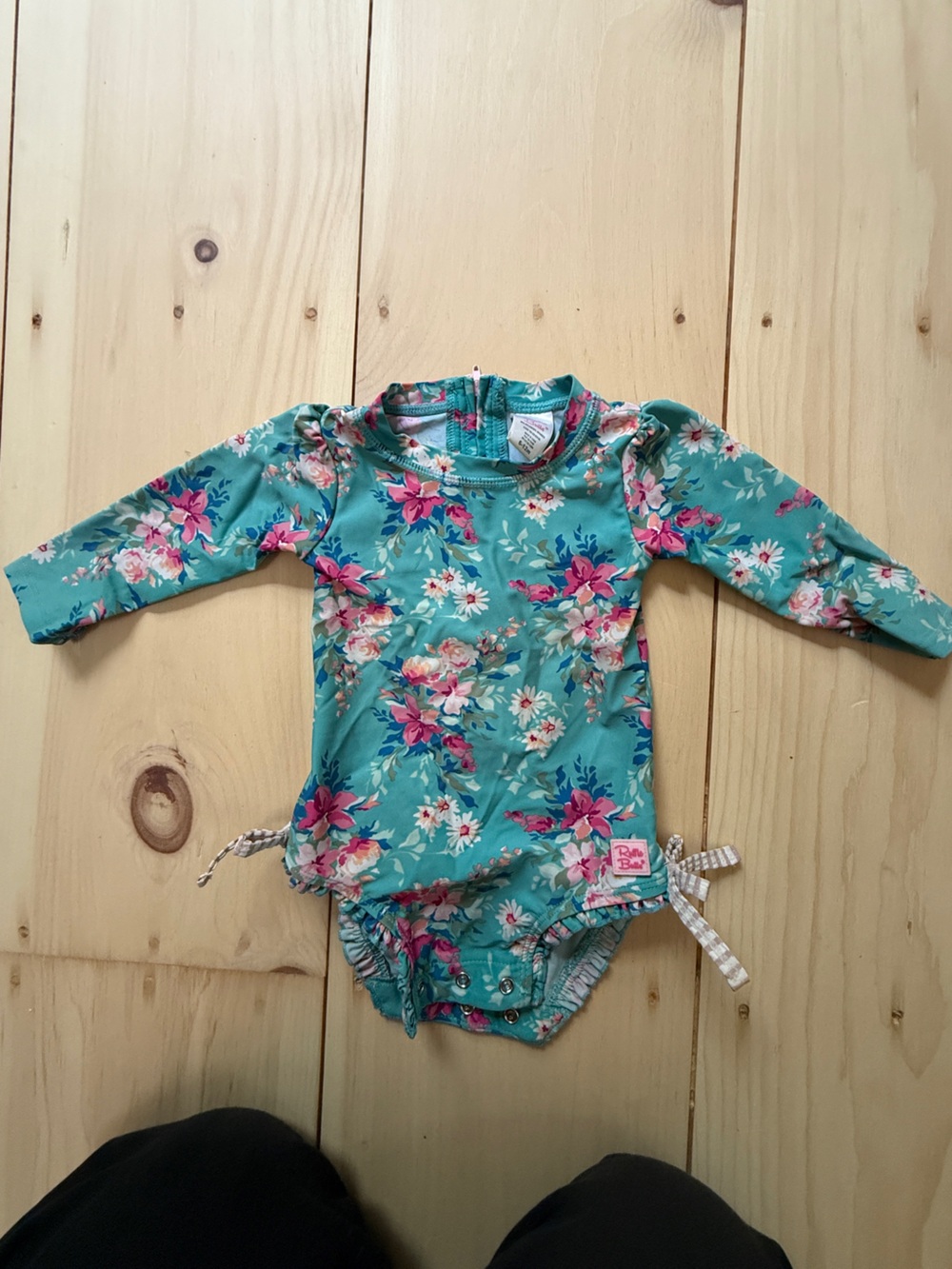 Ruffle Butts Teal Floral Long-Sleeve Bodysuit